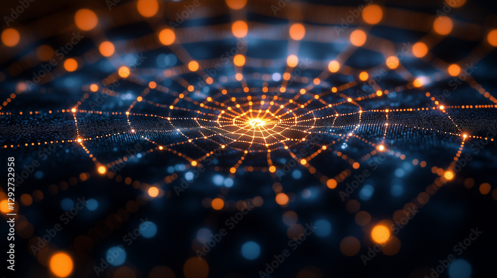 Wall mural glowing orange spider web with blue dots in a dark, abstract space. ideal for tech blogs, web design