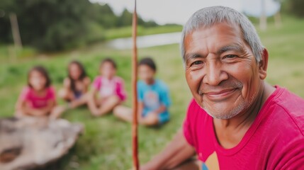 Portrait of a smiling indigenous elder with blurred children sitting on the grass in the background