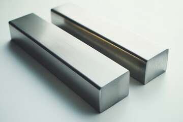 Three long stainless steel bars on a white background captured at an angle with slight reflections