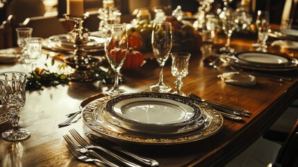 A beautifully set elegant table is prepared for dinner