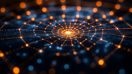 Glowing orange spider web with blue dots in a dark, abstract space. Ideal for tech blogs, web design websites, and articles on networks and connections.