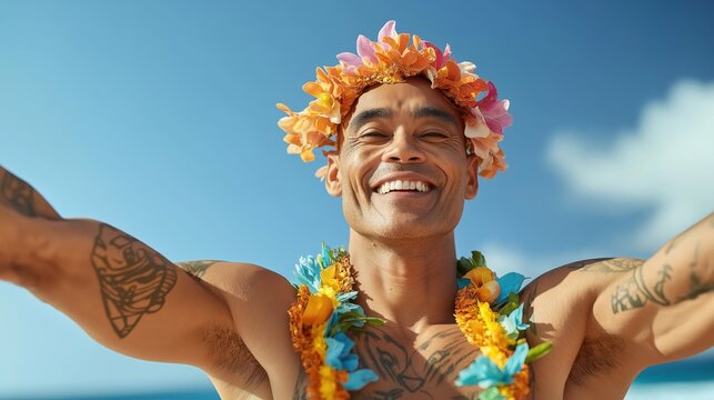Fototapeta Portrait of happy hawaiian man wearing traditional clothing enjoying summer vacation at the beach