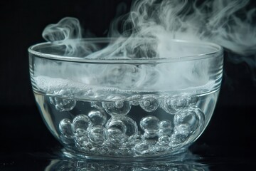 Tiny glass bowl filled with bubbles swirling smoke and vapor as bubbles pop