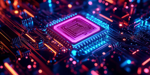 Obraz premium Central square chip on a circuit board glows with pink light. Detailed circuitry visible on the dark surface. Neon effect.