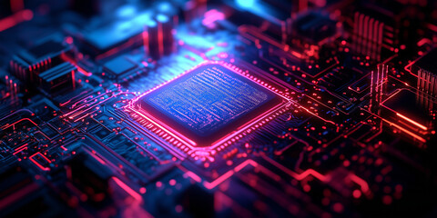 Obraz premium Central square chip on a circuit board glows with pink light. Detailed circuitry visible on the dark surface. Neon effect.