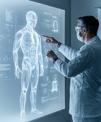 Doctor analyzing human body scan on a large digital screen