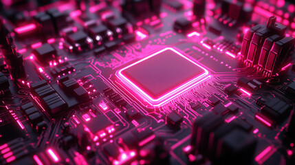 Obraz premium Central square chip on a circuit board glows with pink light. Detailed circuitry visible on the dark surface. Neon effect.