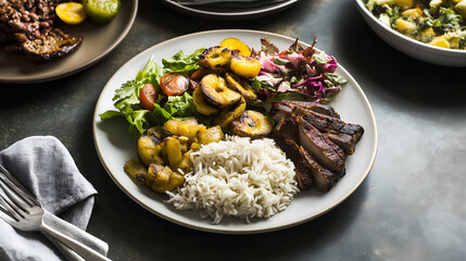 Traditional Casado Plate with Rice, Beans, Plantains, and Grilled Meat