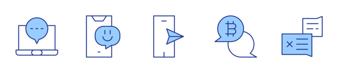 chat, smartphone, bitcoin, complain, laptop. Messaging Icon vector illustration. Line Duotone style. Editable stroke