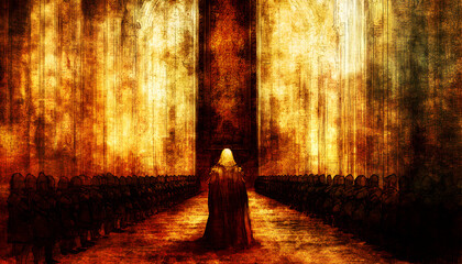 Fototapeta premium A hooded figure stands before a vast army within a decaying, ancient hall; a dramatic, textured artwork depicting power and mystery.