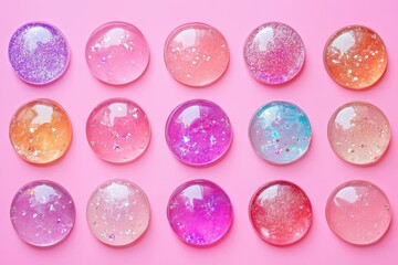 Top view of pink background with epoxy pendants molds and sparkles for crafting