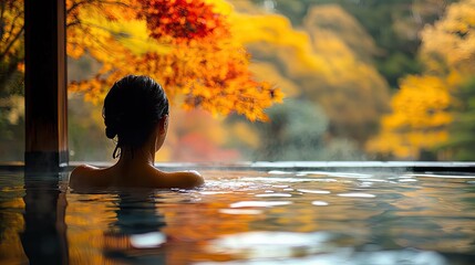 Woman relaxes in an outdoor bath looking at autumn leaves