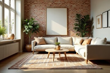 Sunlit Living Room with Modern Sectional Sofa and Large Blank Canvas Above a Brick Fireplace