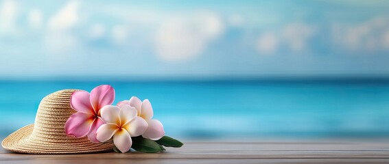 Straw Hat with Tropical Flowers on Beach, A stylish straw hat decorated with pink plumeria flowers resting on a wooden surface, with a blurred ocean and blue sky in the background.  
  
