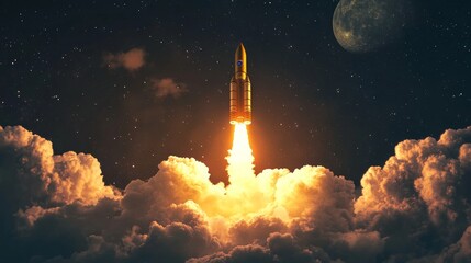 Rocket launch at night with clouds and moon visible, fiery exhaust plume. Space exploration and technology concept