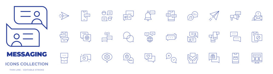 Messaging icons collection. Thin Line icons, editable stroke. speech bubbles, chat, communication, mail, conversation, paper plane, megaphone, smartphone