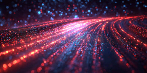 Obraz premium Abstract light neon coloured tracks converge, indicating speed and data flow. Bokeh effect with blurred dots.