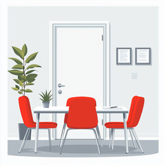 Modern meeting room with a white table, red chairs, indoor plants, and a door labeled for office meetings