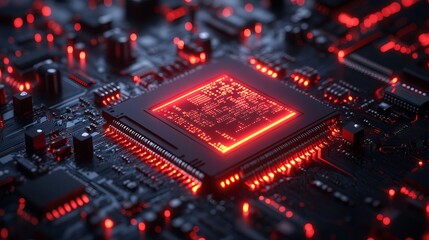 Obraz premium Futuristic cybersecurity & information technology concept – advanced 3d digital network with printed circuit board on blue & red gradient background for integrated connectivity and secure data