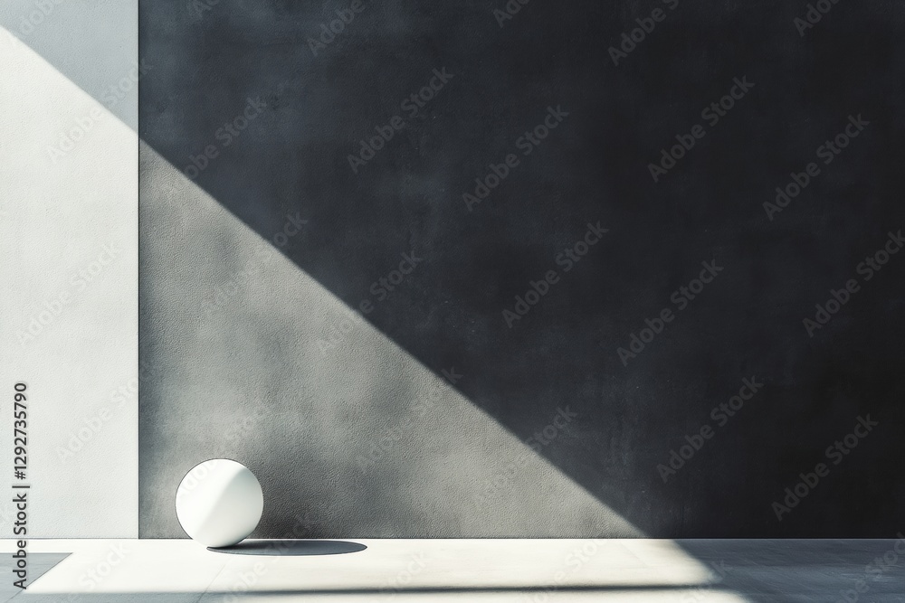 Poster Minimalist design features a round white object against a textured dark wall with striking light and shadow play. Generative AI