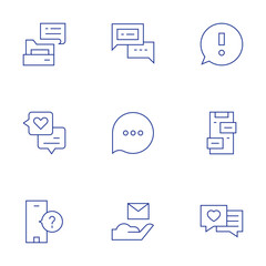 Messaging icons set. Thin Line style, editable stroke. chat history, chat, request, hosting, email, warning, speech bubble