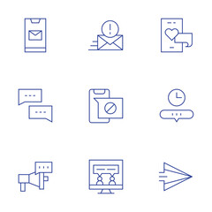 Messaging icons set. Thin Line style, editable stroke. love, timer, send, mail, chat, megaphone, smartphone, chatting