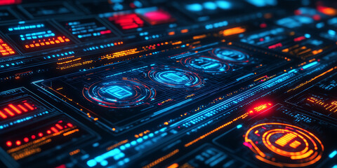 Obraz premium Futuristic digital interface with glowing orange elements and intricate details. Close-up view of a control panel with buttons and displays.