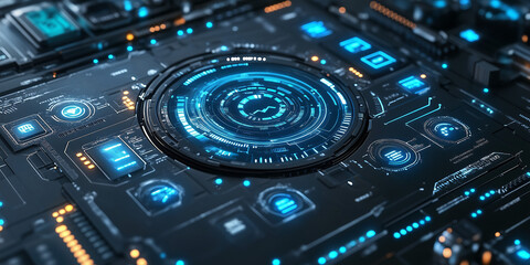 Futuristic digital interface with glowing orange elements and intricate details. Close-up view of a control panel with buttons and displays.