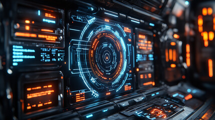 Obraz premium Futuristic digital interface with glowing orange elements and intricate details. Close-up view of a control panel with buttons and displays.