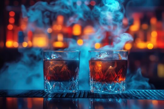 Two cocktails in a luxury bar with steam ice and a stunning blurred backdrop