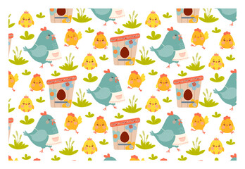 Adorable chicks, hen and bird house. Seamless background. Cute vector texture with funny chickens, for baby bedding, fabric, wallpaper, wrapping paper, textile, t-shirt print