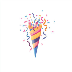 Fototapeta premium Striped party horn with confetti and streamers bursting out, isolated on white background. Perfect for celebrations, birthdays, and festive events
