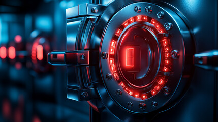 Fototapeta premium Close-up of a futuristic digital security system with a central glowing red ring. Red LED lights and complex mechanical details visible.
