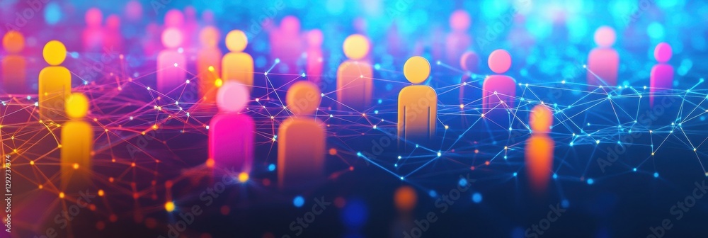 Poster colorful 3d avatars interconnected by glowing lines in an abstract digital social network. generativ