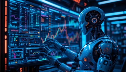 Analyzing financial data with ai technology modern office digital art futuristic environment close-up view