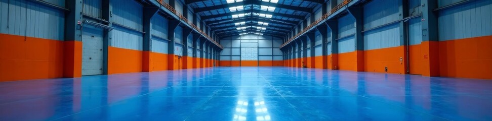 Obraz premium High-bay warehouse, striking blue epoxy floor, warm orange light accents, interior design, logistics
