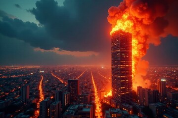 Obraz premium High-rise engulfed in flames, cityscape ablaze, burning, firefighter, architecture
