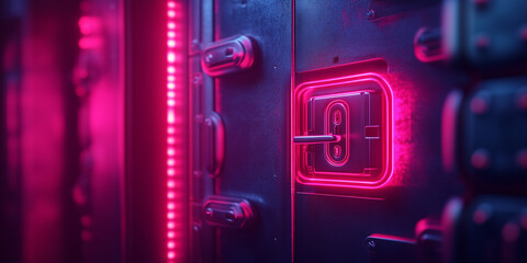 Futuristic panel with pink neon glowing screen outlined in orange. Complex mechanical parts and red LED indicators are visible.