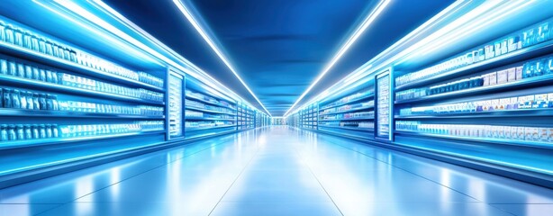 A modern, brightly lit aisle with shelves displaying products, creating a futuristic and clean shopping environment.