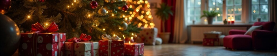 Ornate Christmas tree, presents, glowing lights, festive living room , family, Xmas, red