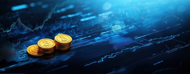 A vibrant digital background featuring gold coins with a financial graph, symbolizing investment and cryptocurrency trends.