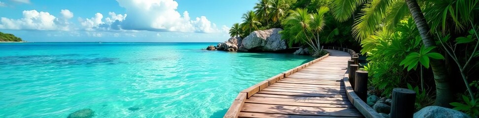 Fototapeta premium Rustic wooden walkway leads to tranquil turquoise lagoon, vibrant tropical plants nearby , holiday, island
