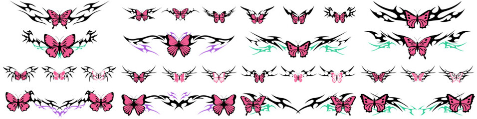 butterfly with Neo tribal y2k gothic style tattoo Cyber sigilism spikes and sparks for streetwear print designs, spiky y2k aesthetic vector set