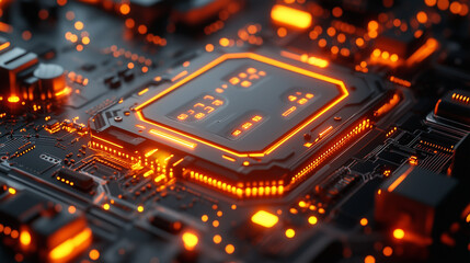 Close-up of a glowing, square computer chip on a circuit board. Orange light outlines the chip against a dark background.
