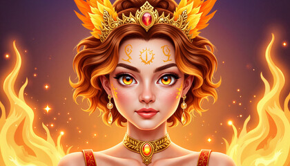 Obraz premium Enchanting woman with fiery crown against glowing background 