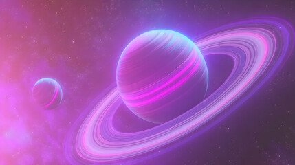 Stunning cosmic art depicting a vibrant, neon-pink planet with prominent rings, set against a deep purple starry backdrop.  A smaller planet is visible in the distance.