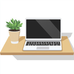Fototapeta premium Modern work desk featuring a laptop and two potted plants, ideal for creating a fresh and organized workspace