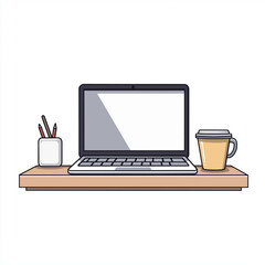 Fototapeta premium Minimalist work desk with a laptop, coffee cup, and pencil holder, creating a clean and productive workspace