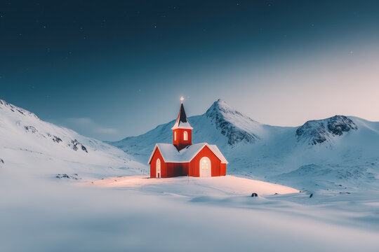 Illuminated red church in snowy mountains under a soft twilight sky