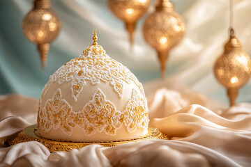 A festive Eid cake in a dome shape, decorated with edible lace patterns and gold foil, placed on a silk fabric with hanging lanterns in the background